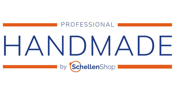 Logo mit dem Schriftzug 'PROFESSIONAL HANDMADE by SchellenShop' in Blau, umrahmt von orangen Linien, das auf handwerkliche Qualität hinweist.